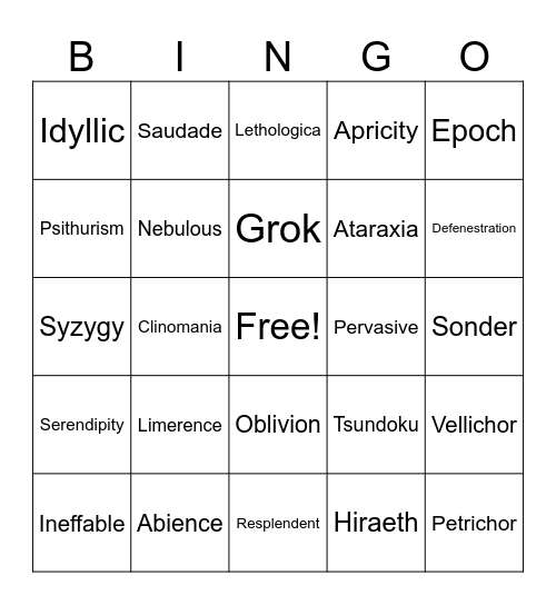 English Bingo Card