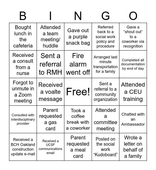 Social Work Month Bingo Card