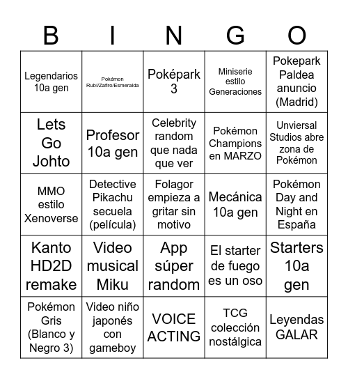 Pokémon Presents Bingo Card