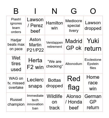 F1 2026 🏎️ Bingo Card