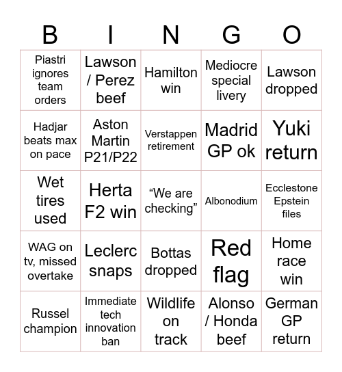 F1 2026 🏎️ Bingo Card