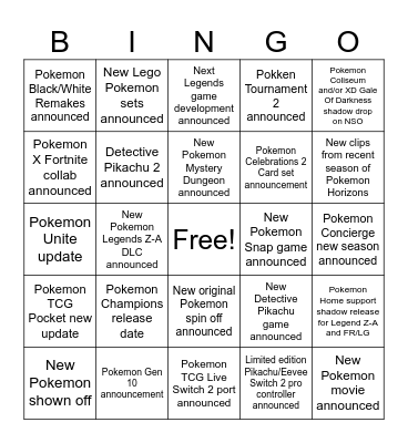 Pokemon Presents 2026 Bingo Card