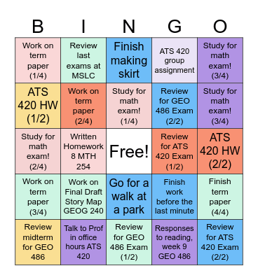Week of March 1 Bingo Card