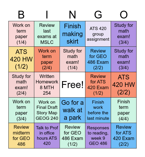 Week of March 1 Bingo Card