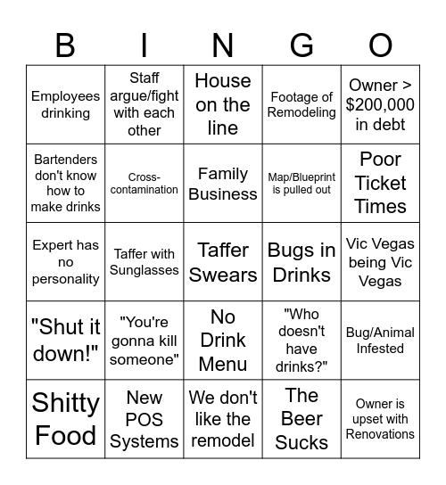 Bar Rescue Bingo Card