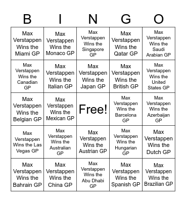 F1 Bingo Card
