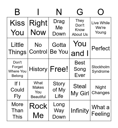 Name The Song Bingo (One Direction Edition) Bingo Card