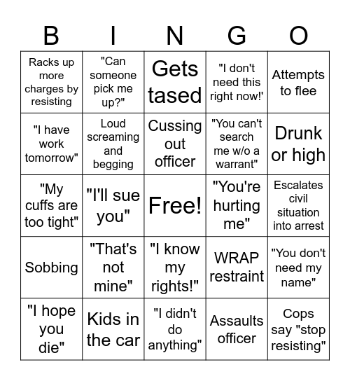 Cop Cam Bingo Card