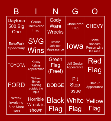 Nascar Highlights Bingo Card