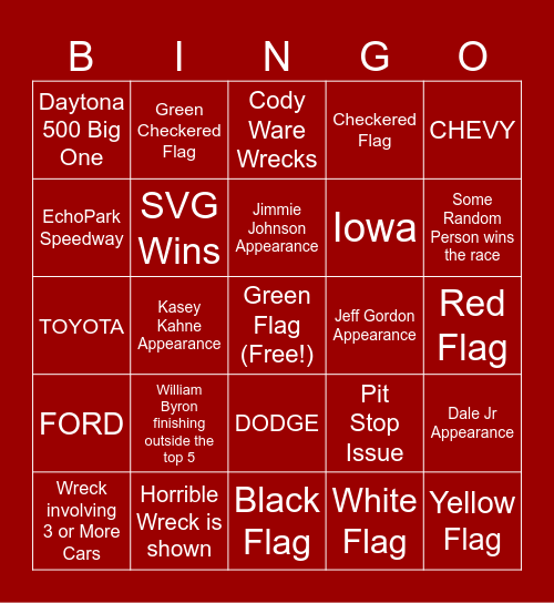 Nascar Highlights Bingo Card