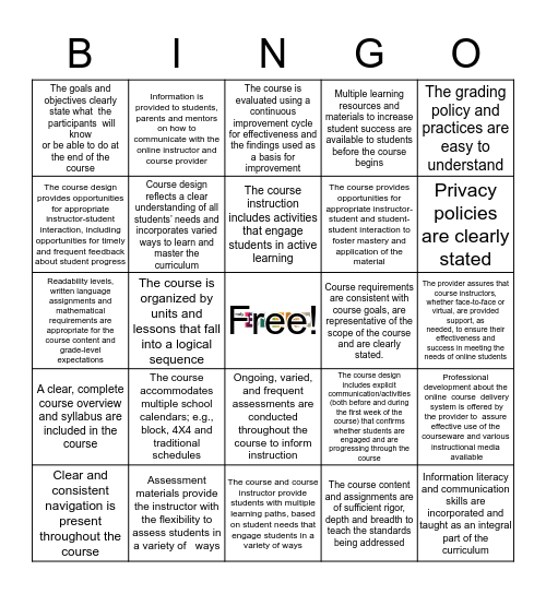National Standards for Quality Online Courses Bingo Card