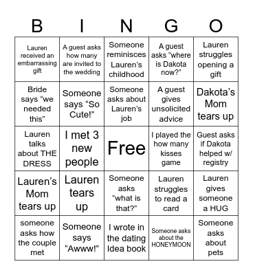 Bridal Shower Bingo Card