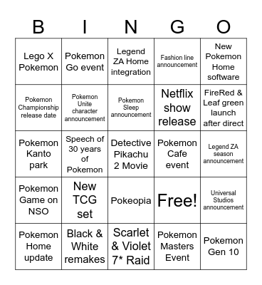 Pokemon Direct Bingo Card