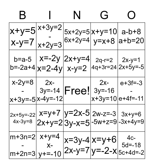 System of Equations Bingo Card