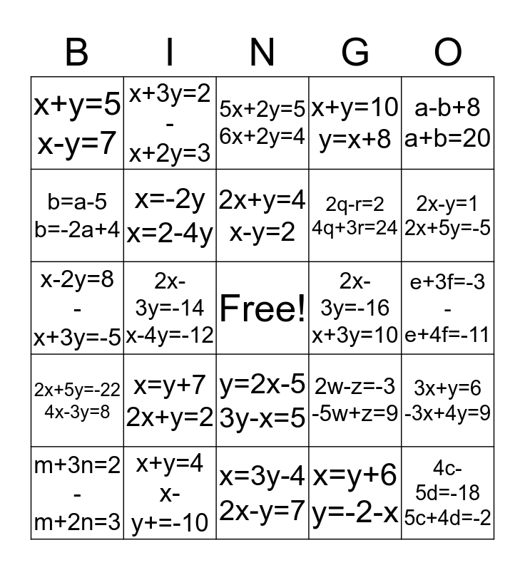 System Of Equations Bingo Card