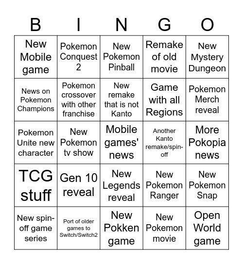 Pokemon Direct Bingo Card