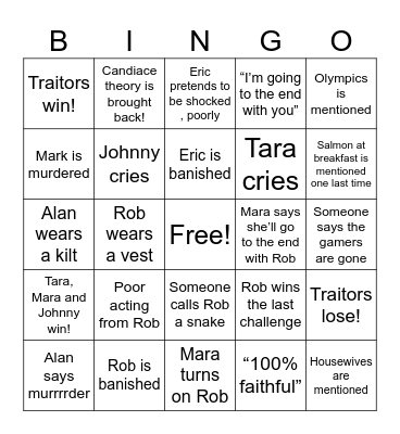 Traitors Finale Bingo Card