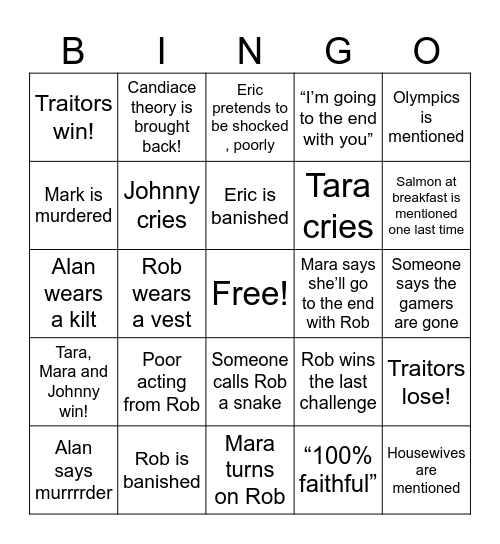 Traitors Finale Bingo Card