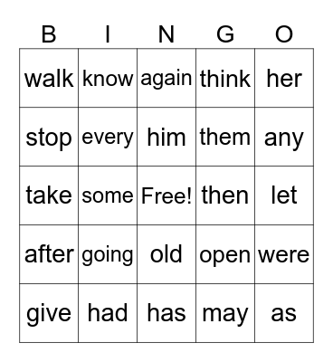 First Grade Sight Words Bingo Card
