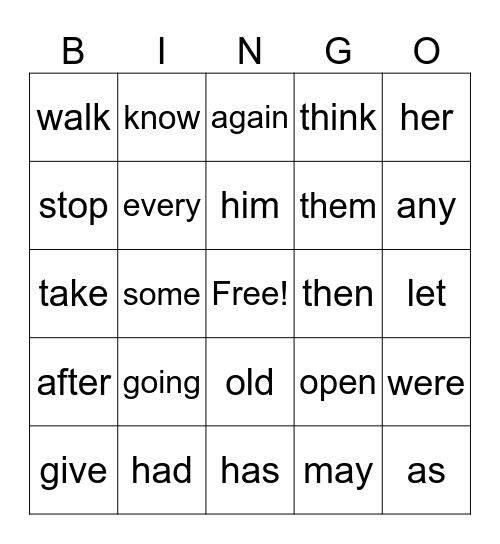 First Grade Sight Words Bingo Card