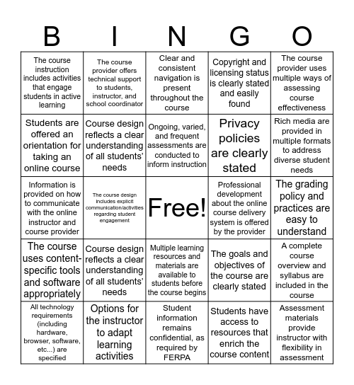 National Standards for Quality Online Courses Bingo Card
