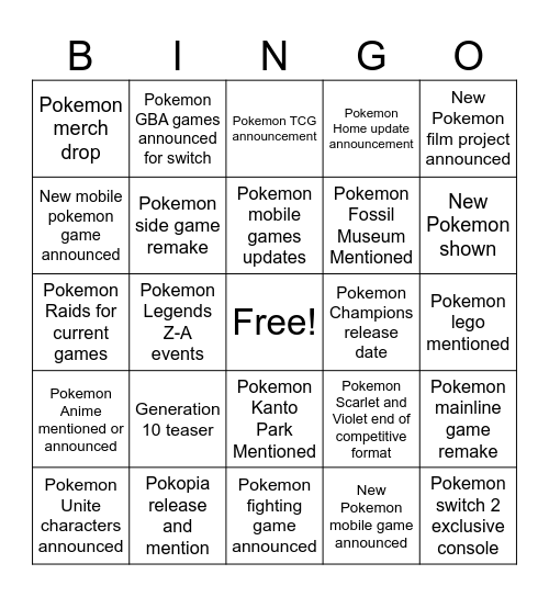 Pokemon 30th Anniversary Direct Bingo Card