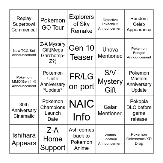 Pokemon Day 2026 Bingo Card