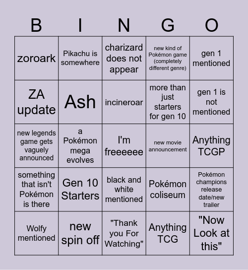 Pokémon Day Bingo Card