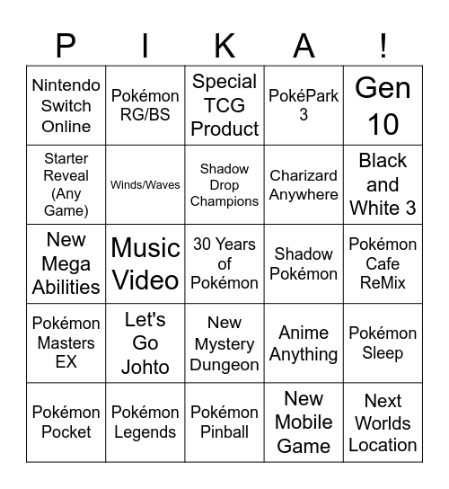 Pokemon Presents Bingo Card