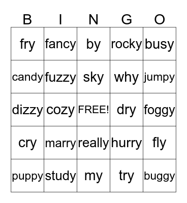 Words that end in "Y" Bingo Card