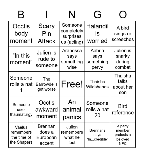 Critical Role C4 Seekers Table Bingo Card