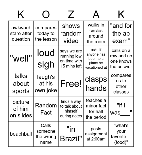 Kozak Bingo Card