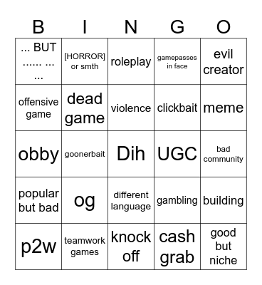 Roblox games Bingo Card