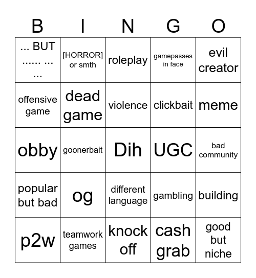 Roblox games Bingo Card