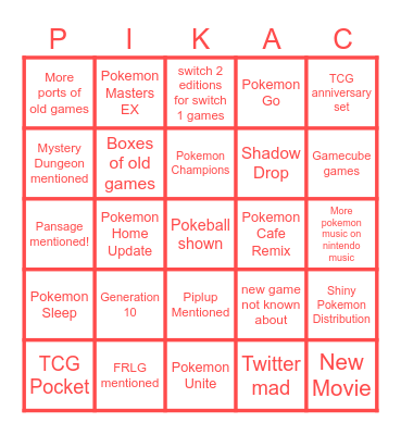 Pokemon Day Bingo Card