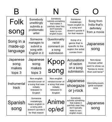 Non-English Songs Bingo Card