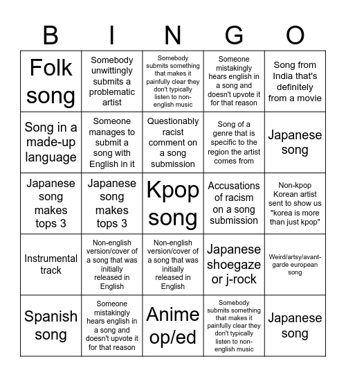Non-English Songs Bingo Card