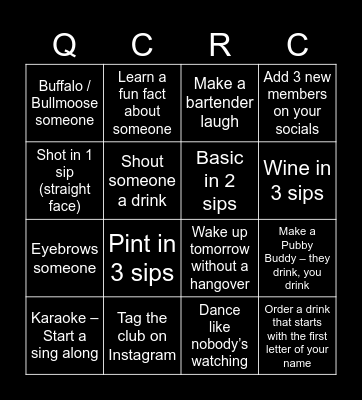Cliffhanger's Pub Crawl Bingo Card