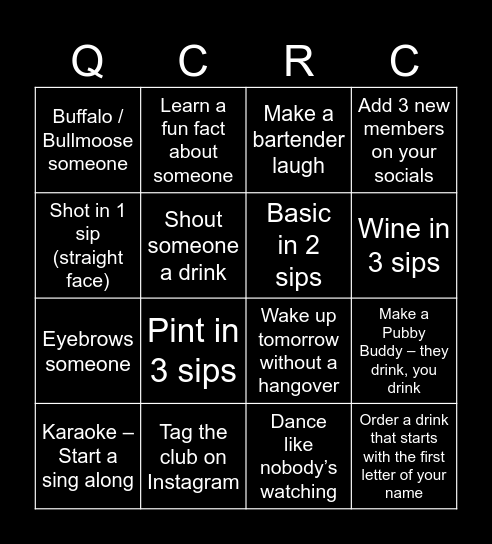 Cliffhanger's Pub Crawl Bingo Card