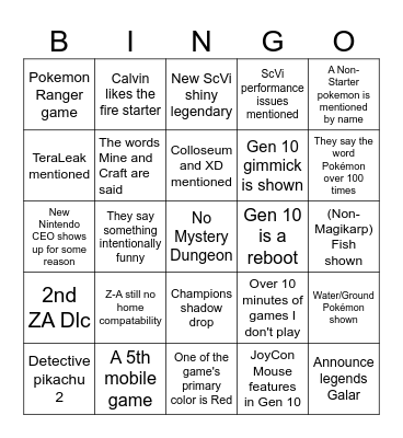 Pokemon Presents 26' Bingo Card