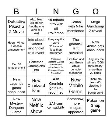 Pokemon day 2026 Bingo Card