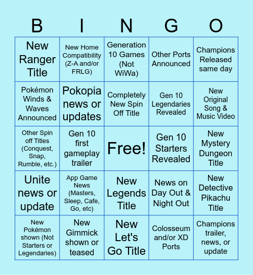 Pokémon Day Direct 2026 Bingo Card