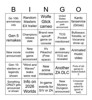 Pokemon Presents Bingo Card