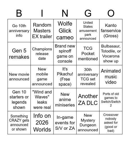 Pokemon Presents Bingo Card