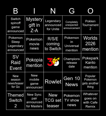 30th Anniversary Pokemon Day Bingo Card