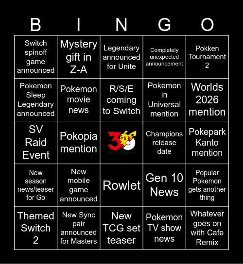 30th Anniversary Pokemon Day Bingo Card