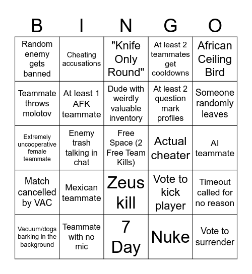CS2 Griefing Bingo Card