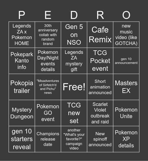 Pokemon Presents 2026 Bingo Card