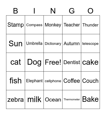 Word Retrieval Bingo Card