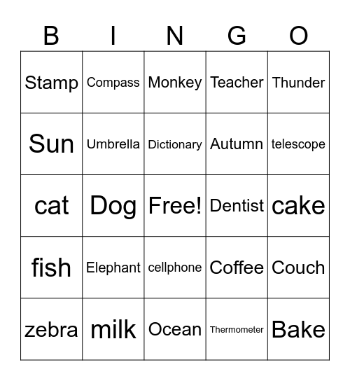 Word Retrieval Bingo Card